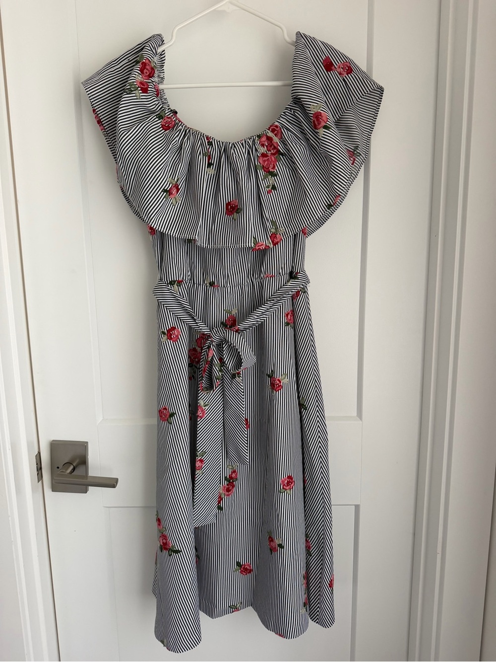 Striped Off-Shoulder Floral Dress with Tie Waist